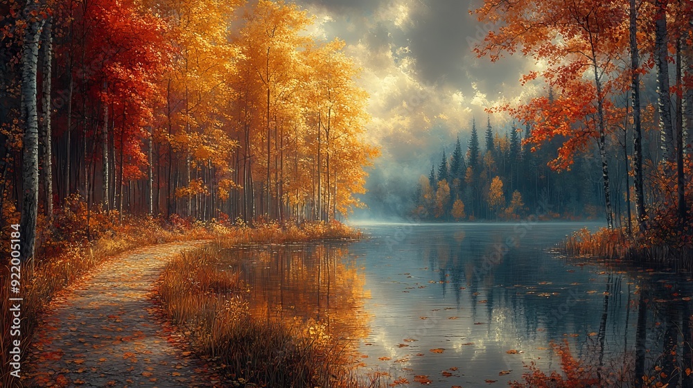 Pathway leading to a serene lake surrounded by vibrant autumn colors Pathway leading to a serene lake surrounded by vibrant autumn colors