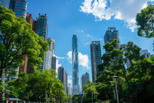 Skyscrapers Viewed from Below with Blue Sky and White Clouds