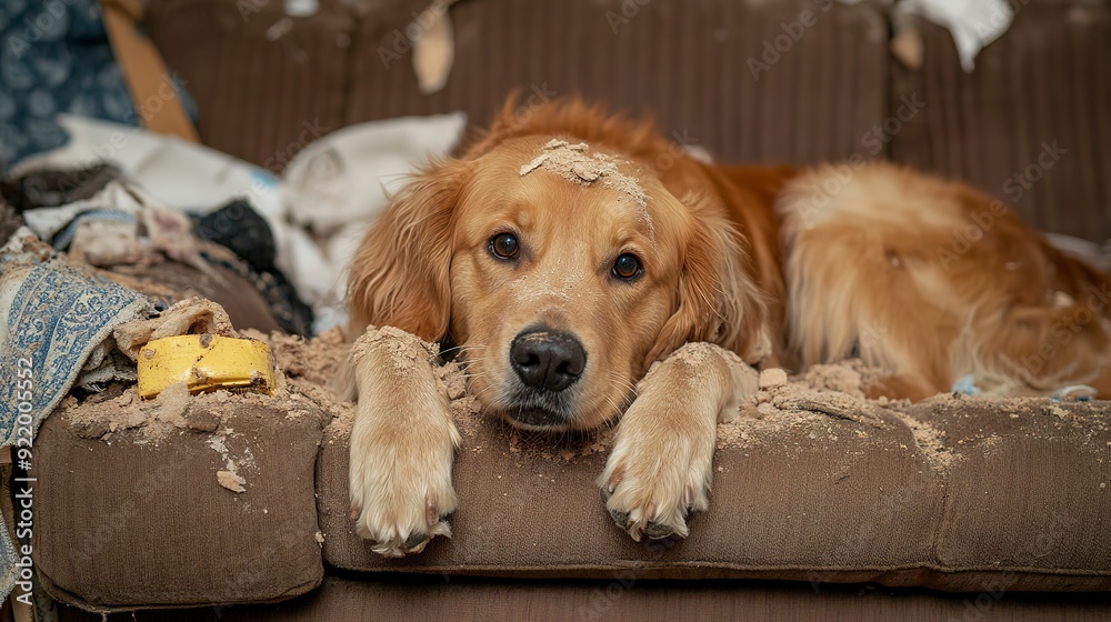 golden retriever dog looking guilty after making a mess and destroying house and couch. golden retriever dog looking guilty after making a mess and destroying house and couch.