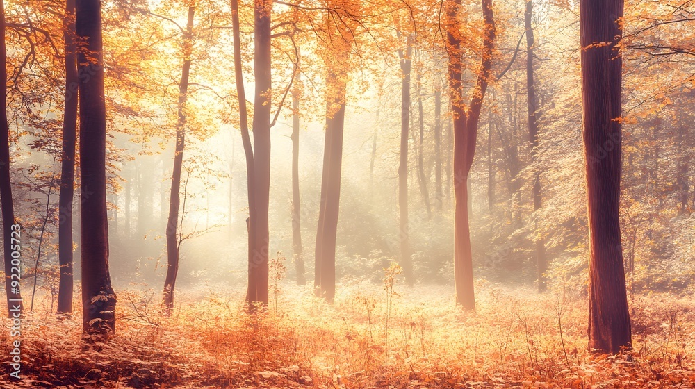 Obraz premium Sunlight filtering through autumn trees in a serene forest setting.