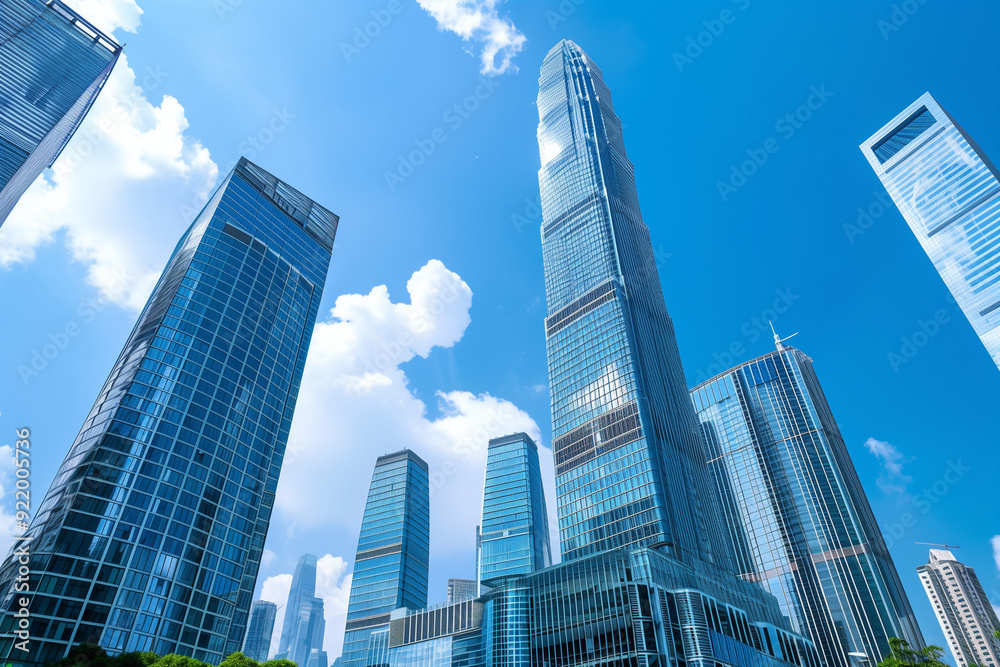 Fototapeta premium Skyscrapers Viewed from Below with Blue Sky and White Clouds