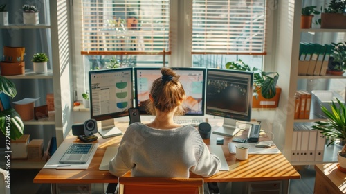 Work From Home: Conducting work duties from a home office, utilizing technology to manage tasks and communicate with colleagues, offering a balance between work and personal life.
 photo