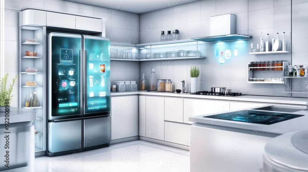 Modern Smart Kitchen with Digital Refrigerator, Automated Lighting, and Smart Oven. Modern Smart Kitchen with Digital Refrigerator, Automated Lighting, and Smart Oven.