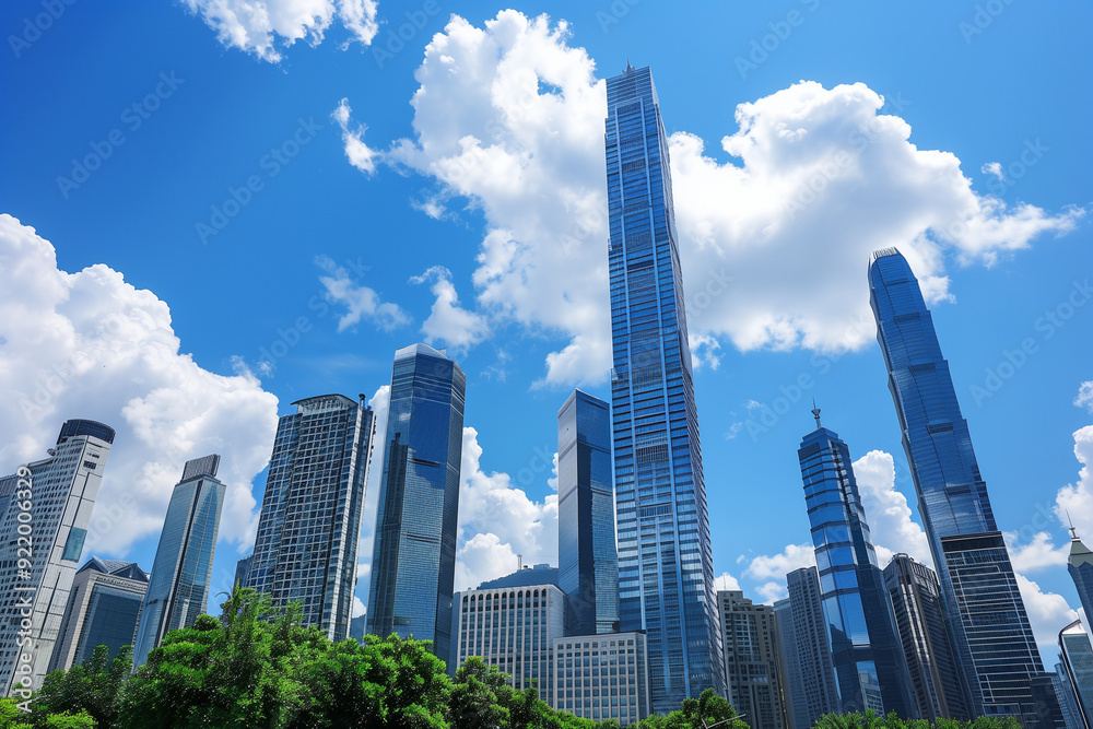 Skyscrapers Viewed from Below with Blue Sky and White Clouds Skyscrapers Viewed from Below with Blue Sky and White Clouds