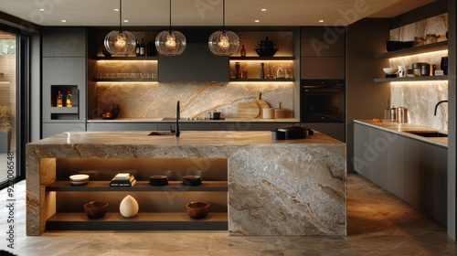 Modern kitchen interior with elegant stone island and ambient lighting