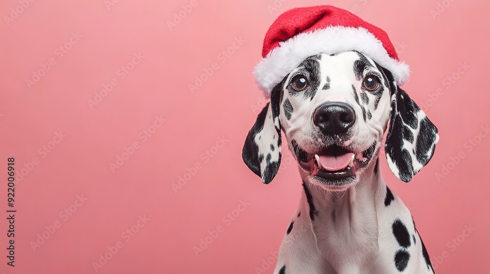 Dalmatian dog with Christmas hat on a isolated pink background Dalmatian dog with Christmas hat on a isolated pink background