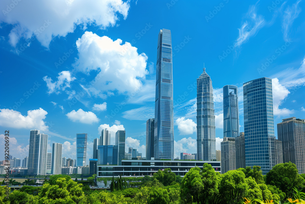 Skyscrapers Viewed from Below with Blue Sky and White Clouds Skyscrapers Viewed from Below with Blue Sky and White Clouds