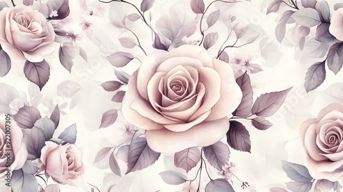 Seamless floral pattern featuring large pastel pink roses blooming