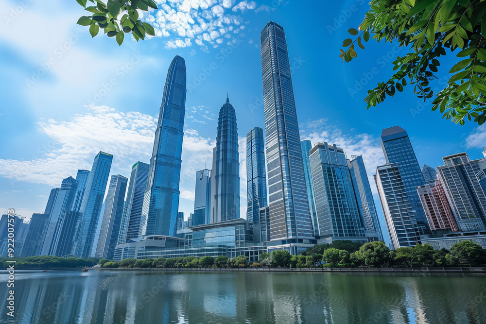 Obraz premium Skyscrapers Viewed from Below with Blue Sky and White Clouds