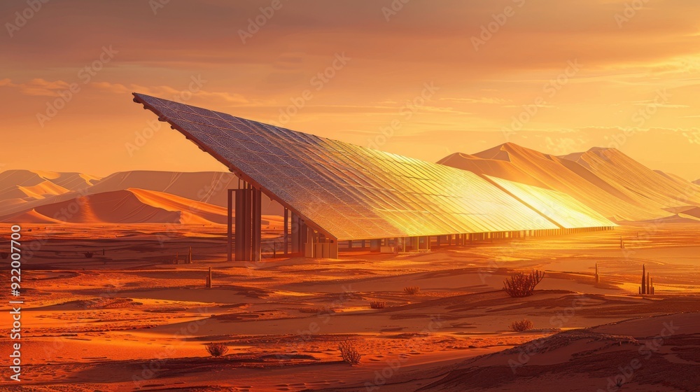 A detailed illustration of a solar power plant in the heart of a desert ...