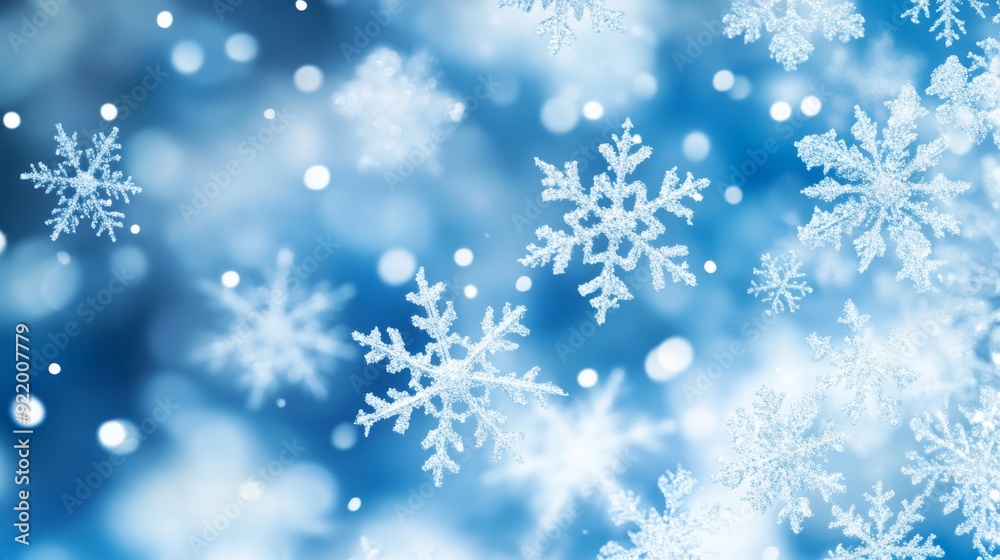Snowflakes falling on blue background with bokeh effect Snowflakes falling on blue background with bokeh effect