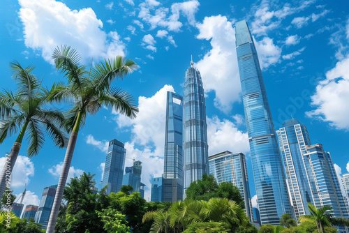 Skyscrapers Viewed from Below with Blue Sky and White Clouds