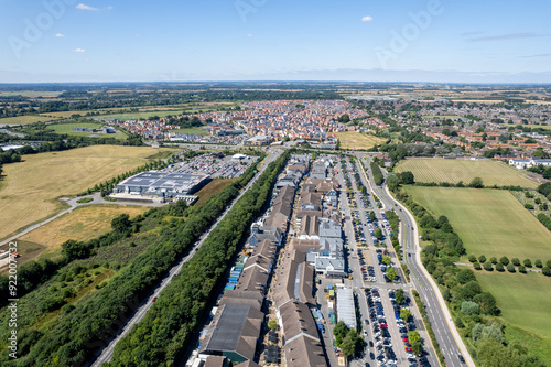 Bicester Village and Bicester town center, amazing aerial view in summer daytime, uk photo