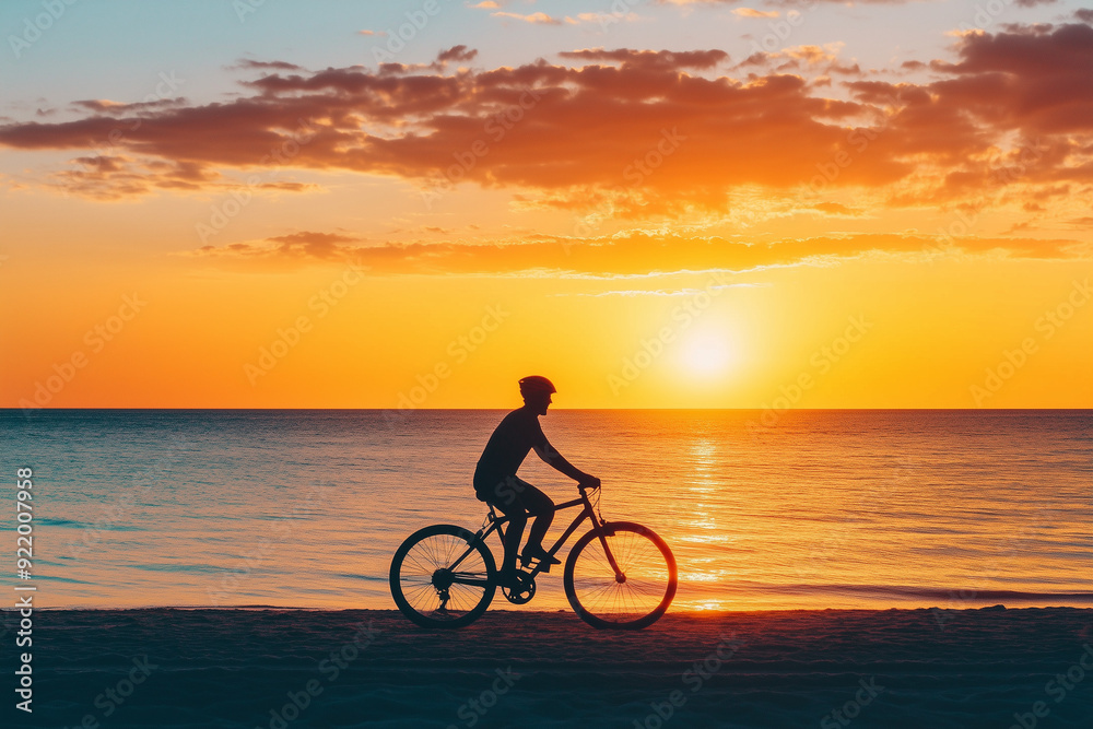Fototapeta premium Silhouette of a person riding a bike on the beach at sunset