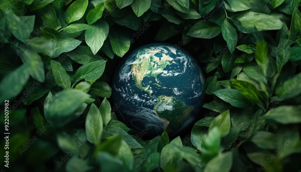 Earth surrounded by lush green leaves in a natural setting Earth surrounded by lush green leaves in a natural setting