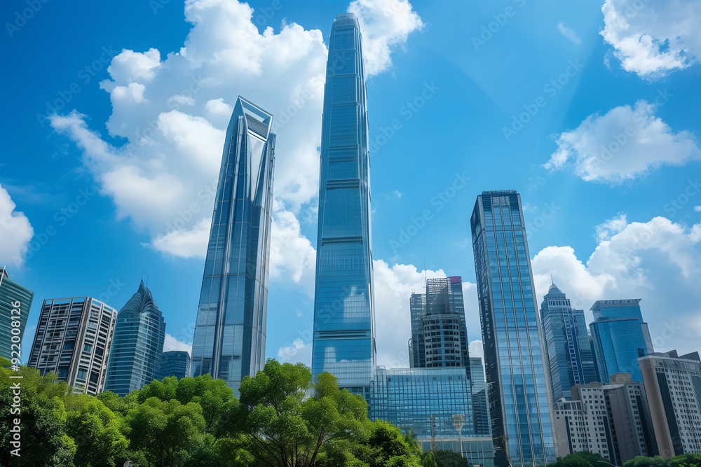 Skyscrapers Viewed from Below with Blue Sky and White Clouds Skyscrapers Viewed from Below with Blue Sky and White Clouds