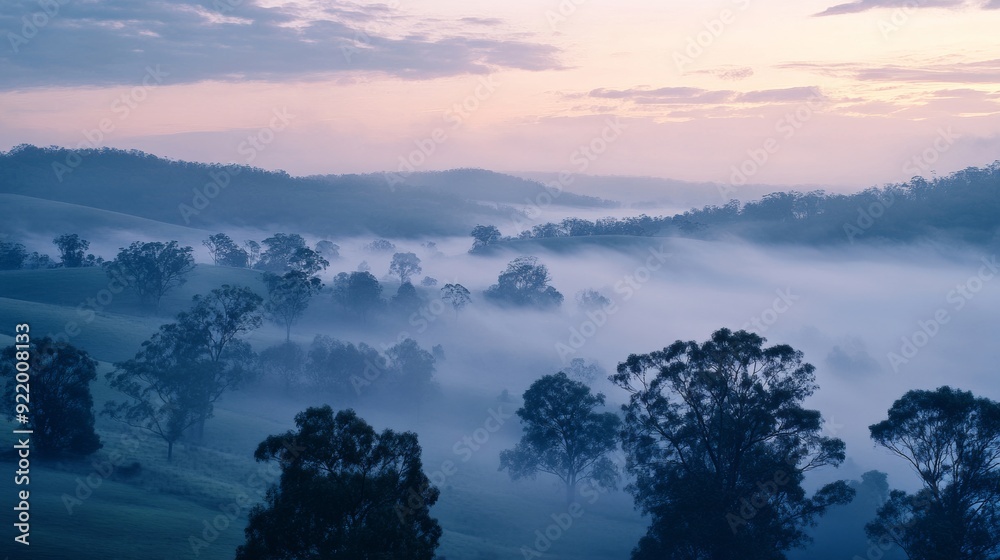 Morning mist filling valley with eucalyptus trees