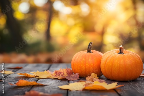 Two vibrant pumpkins resting on a wooden table surrounded by autumn leaves in a sunny forest setting during a crisp fall afternoon