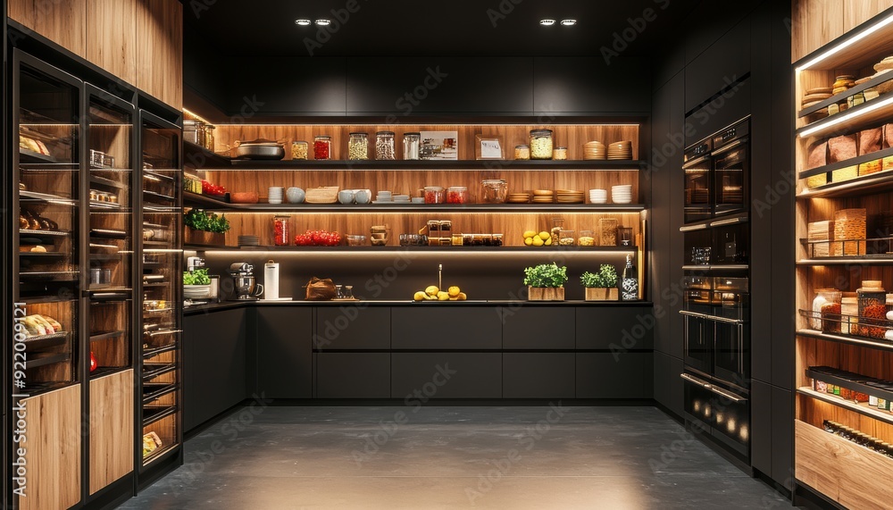 Modern kitchen interior with organized shelves and cooking essentials, evening lighting