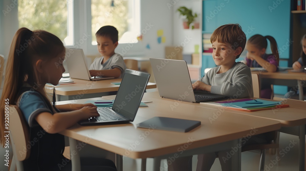 Young students focused on laptops in a bright, modern classroom. Young students focused on laptops in a bright, modern classroom.