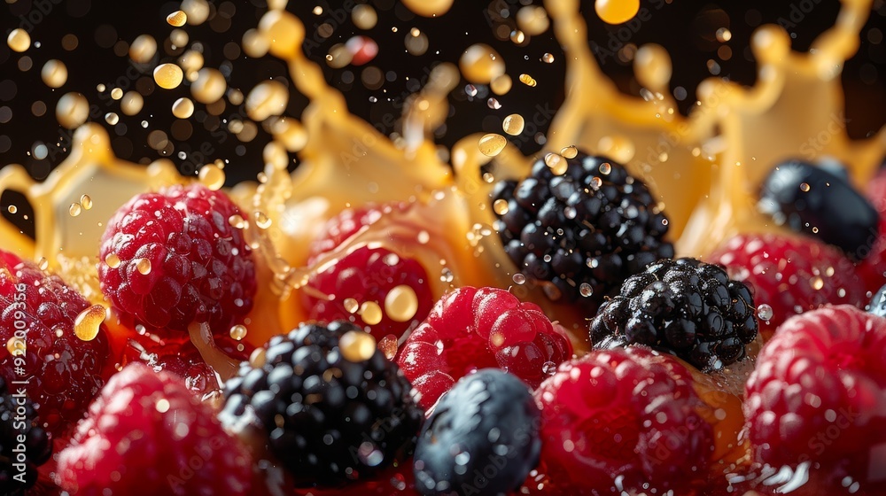 Berries splashing in syrup against a dark background illuminated by soft light Berries splashing in syrup against a dark background illuminated by soft light