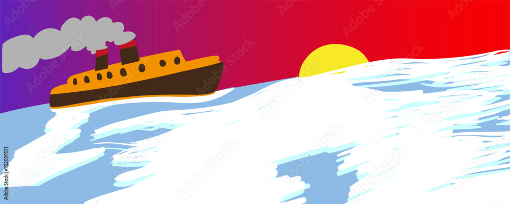 horizontal seascape with a steamboat at sunset in cartoon style. illustration for background wallpaper backdrop poster banner horizontal seascape with a steamboat at sunset in cartoon style. illustration for background wallpaper backdrop poster banner