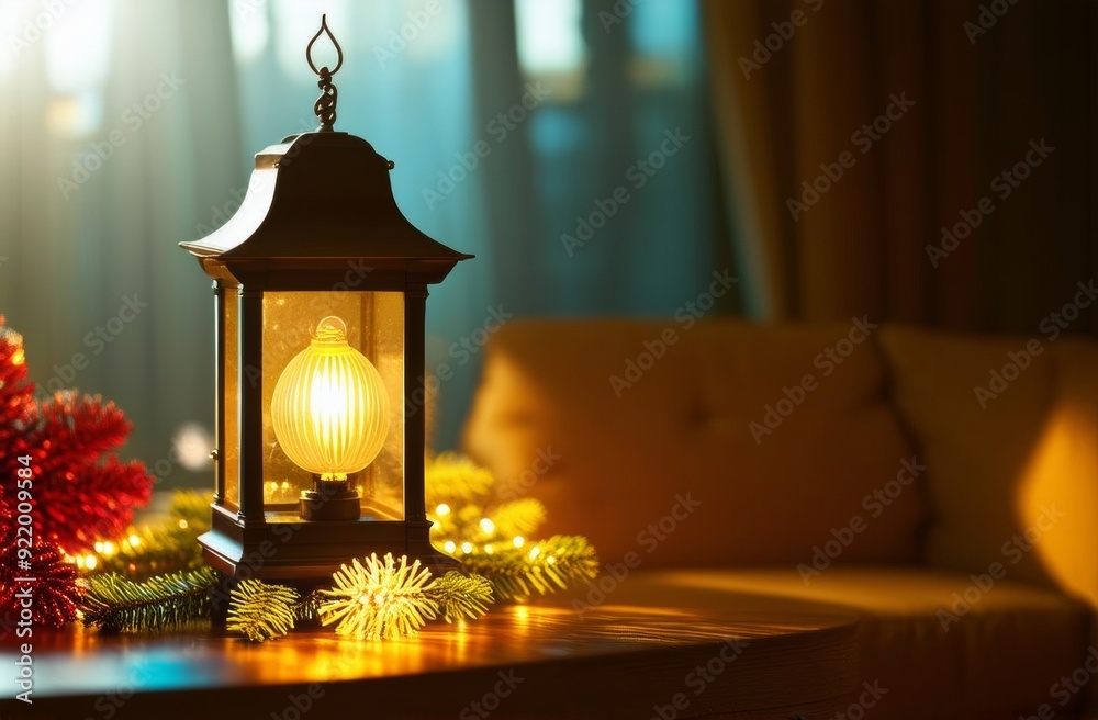 Christmas background with lamp on table Christmas background with lamp on table