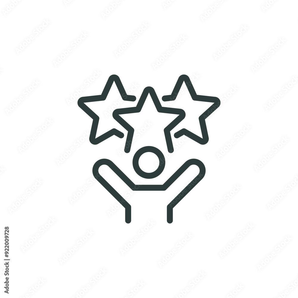 Outline icon talent acquisition, employee award, customer satisfaction, success. Line sign three stars above man with his hands raised. Vector isolated pictograms on white background editable stroke. Outline icon talent acquisition, employee award, customer satisfaction, success. Line sign three stars above man with his hands raised. Vector isolated pictograms on white background editable stroke.