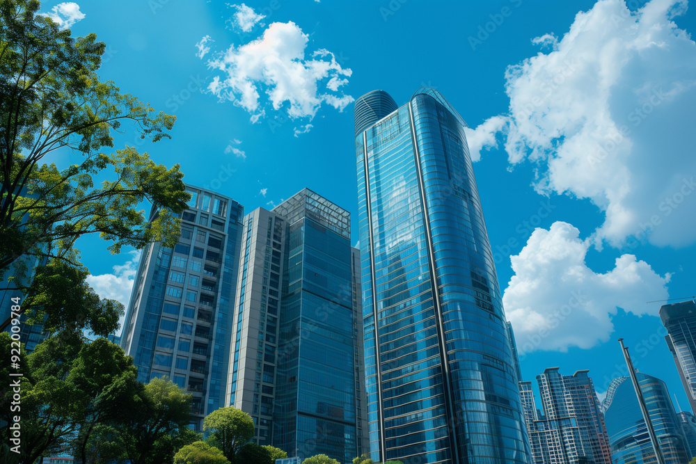 Skyscrapers Viewed from Below with Blue Sky and White Clouds Skyscrapers Viewed from Below with Blue Sky and White Clouds