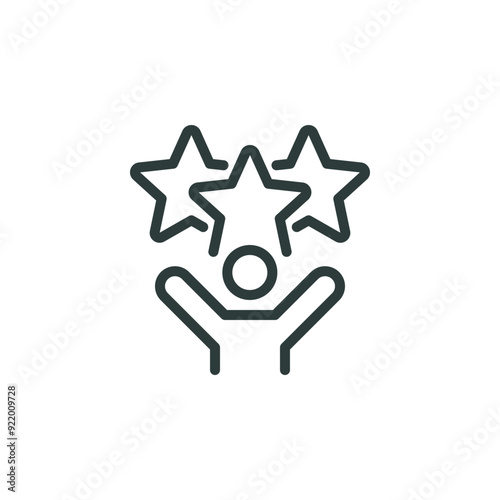 Outline icon talent acquisition, employee award, customer satisfaction, success. Line sign three stars above man with his hands raised. Vector isolated pictograms on white background editable stroke.