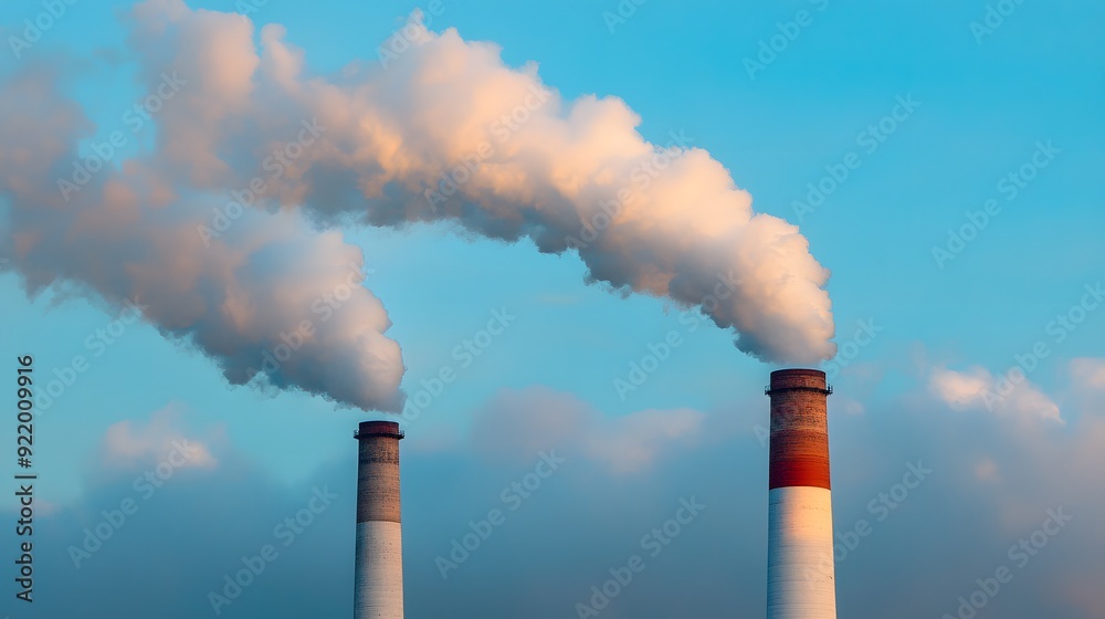 Two tall red and white smoke stacks are spewing smoke into the sky. The sky is clear and blue, but the smoke is creating a hazy atmosphere Two tall red and white smoke stacks are spewing smoke into the sky. The sky is clear and blue, but the smoke is creating a hazy atmosphere