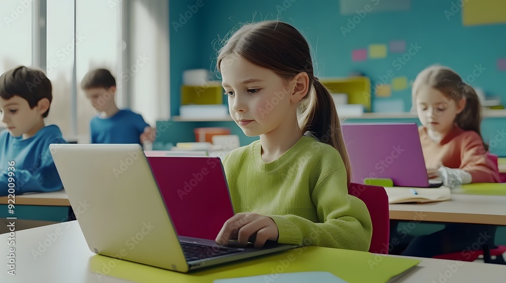 Young students engaging in digital learning using laptops in a colorful, modern classroom. Young students engaging in digital learning using laptops in a colorful, modern classroom.