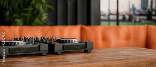 Futuristic DJ Set in Sports Betting Lounge - 3D Illustration with Copy Space for Ultra HD Banner, Selective Focus on Foreground. photo