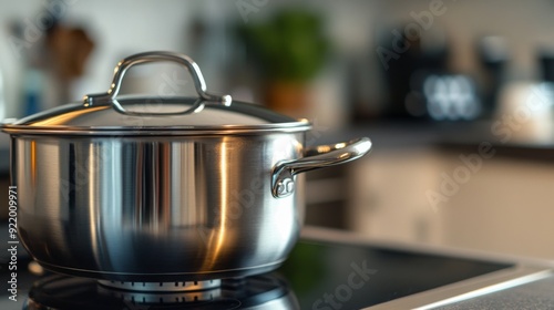 A close-up of a shiny stainless steel pot with a lid slightly ajar, showing a hint of steam escaping, set on a modern stovetop with a blurred kitchen background.