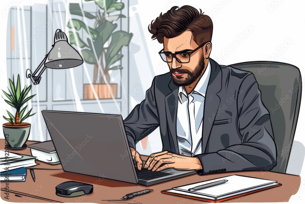 Fototapeta premium Cartoon-style businessman in a suit working on a laptop at his desk.