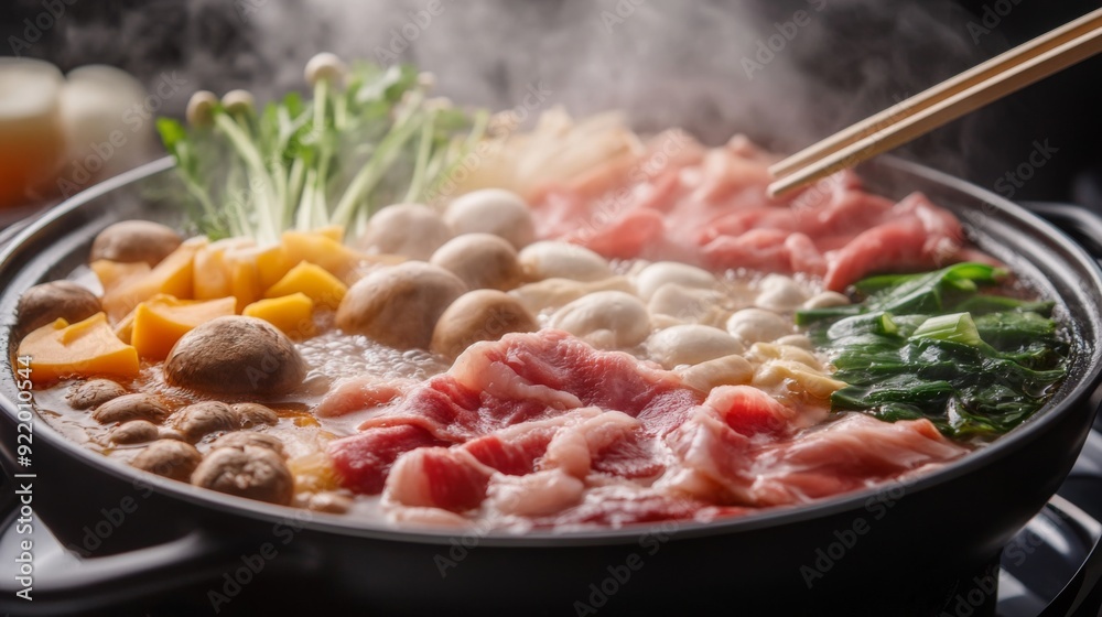 A close-up of a simmering shabu-shabu pot with assorted ingredients such as meat slices, vegetables, and mushrooms, with steam rising and chopsticks ready for use. A close-up of a simmering shabu-shabu pot with assorted ingredients such as meat slices, vegetables, and mushrooms, with steam rising and chopsticks ready for use.
