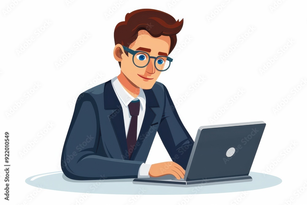 Cartoon-style businessman in a suit working on a laptop at his desk. Cartoon-style businessman in a suit working on a laptop at his desk.