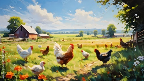 Chickens Freely Roaming in a Pasture Under Bright Daylight.