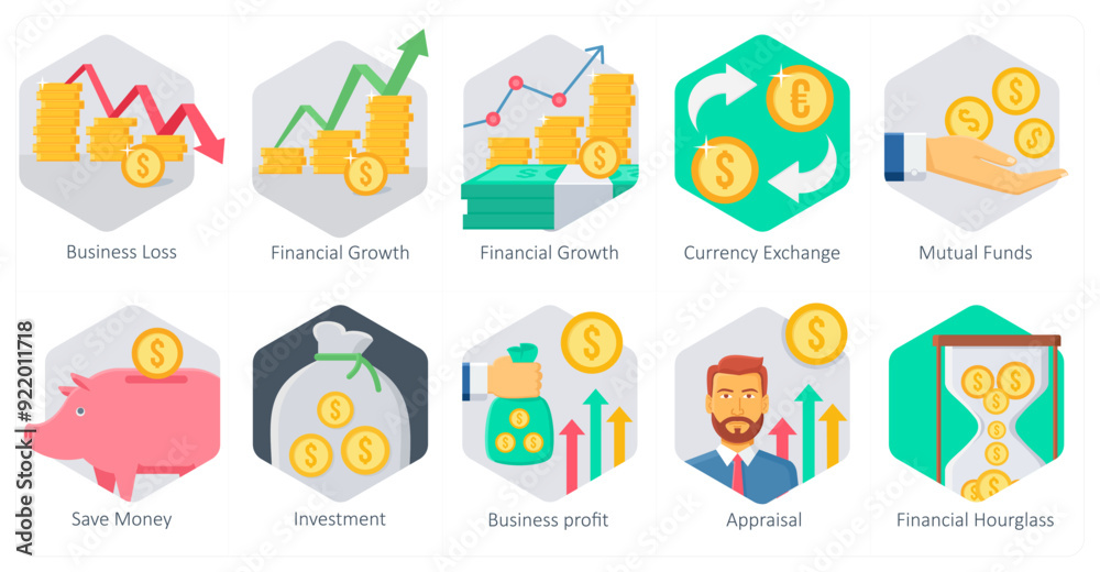 A set of 10 office and business icons as business loss, financial growth, currency exchange A set of 10 office and business icons as business loss, financial growth, currency exchange