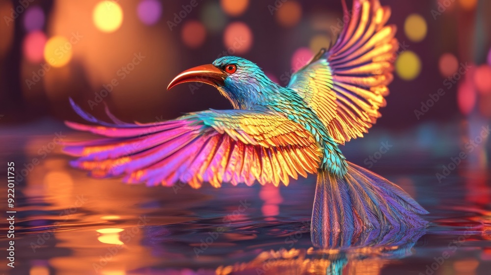 Obraz premium Vibrant multicolored fantasy bird flies low over water with wings spread wide against a warm bokeh background.