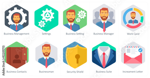 A set of 10 office and business icons as business management, settings, business setting