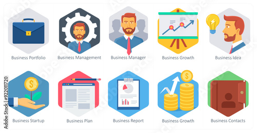 A set of 10 office and business icons as business portfolio, business management, business manager