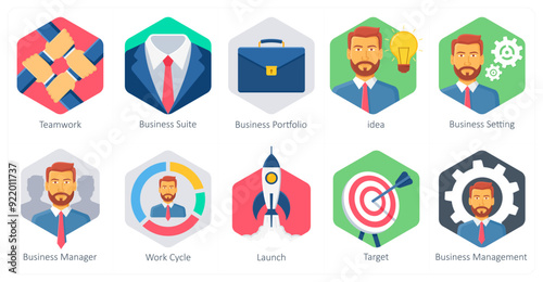 A set of 10 office and business icons as teamwork, business suite, business portfolio