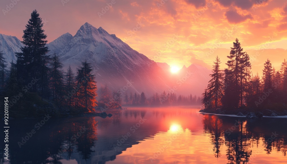 Sunset over tranquil lake surrounded by mountains and pine trees in early evening glow Sunset over tranquil lake surrounded by mountains and pine trees in early evening glow