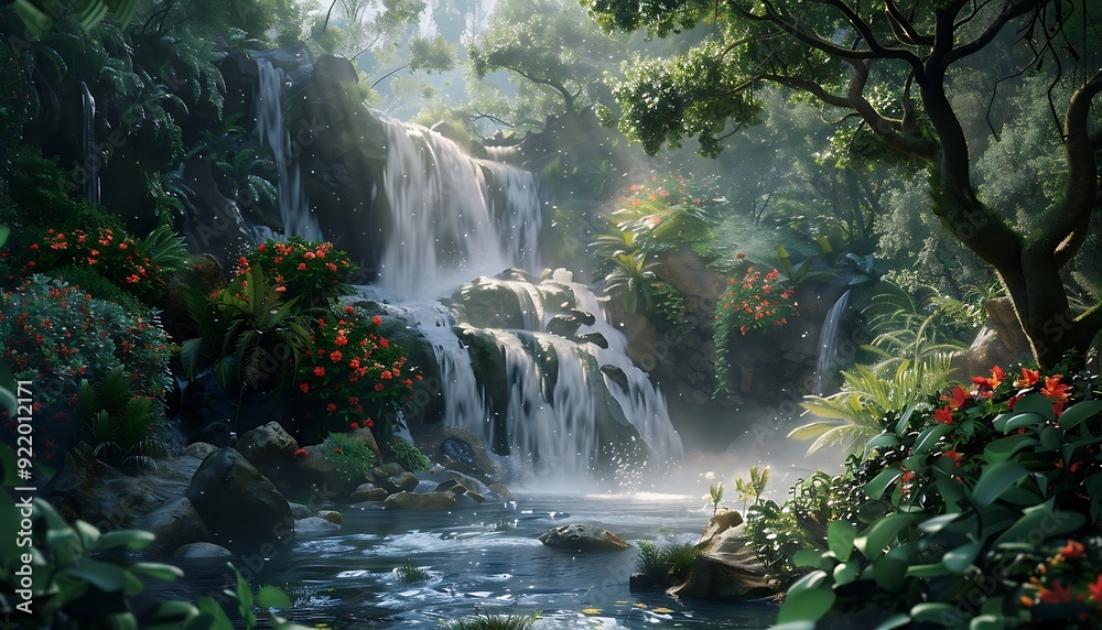Beautiful waterfall in the forest with fog and flowers Beautiful waterfall in the forest with fog and flowers