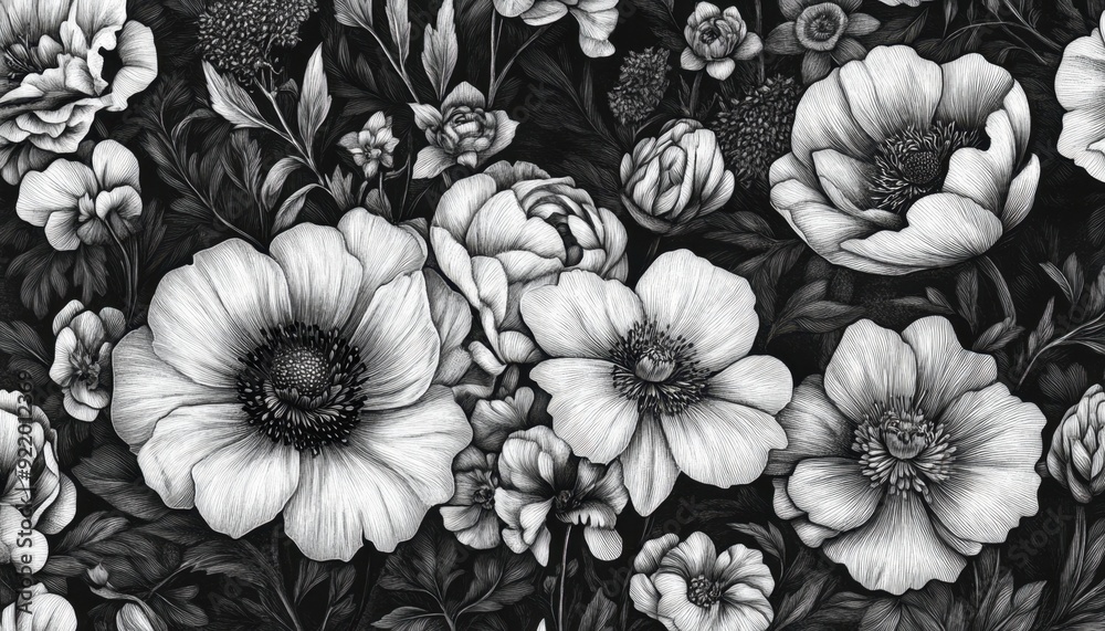 Black and white floral illustration featuring various detailed flowers and foliage Black and white floral illustration featuring various detailed flowers and foliage