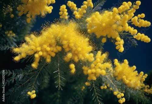 A close-up view of a large explosion of golden yellow mimosa flowers