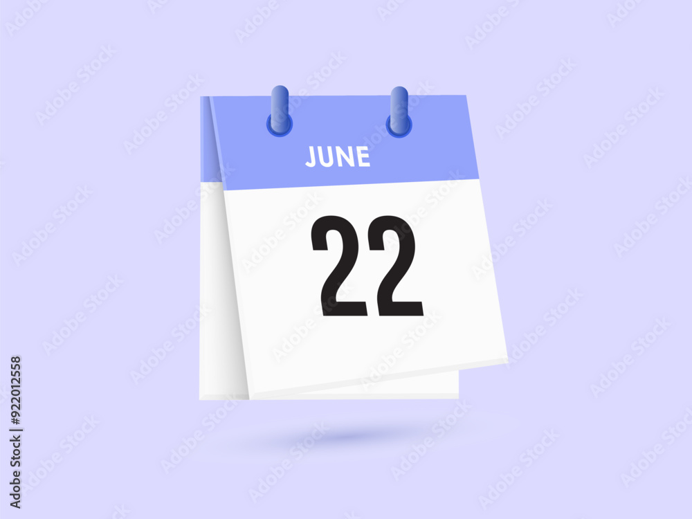 June 22 - calendar and Time planner. Daily Calendar Icon reminder. Vector Illustration.