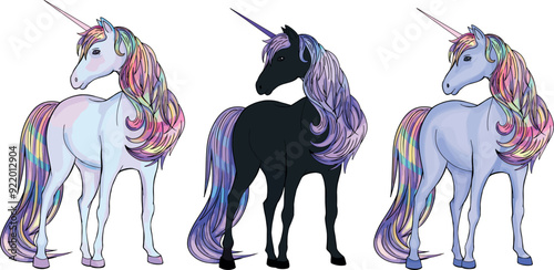 et unicorn different color options Clipart design children products coloring books realistic flat drawing mane in rainbow colors fairy-tale animal isolated on white Black horse simplified minimalist