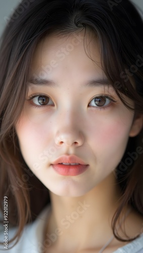 Close-up Portraits of a Young Woman with Natural Makeup, Soft Lighting, and Serene Expressions Highlighting Flawless Skin and Captivating Eyes in Various Angles